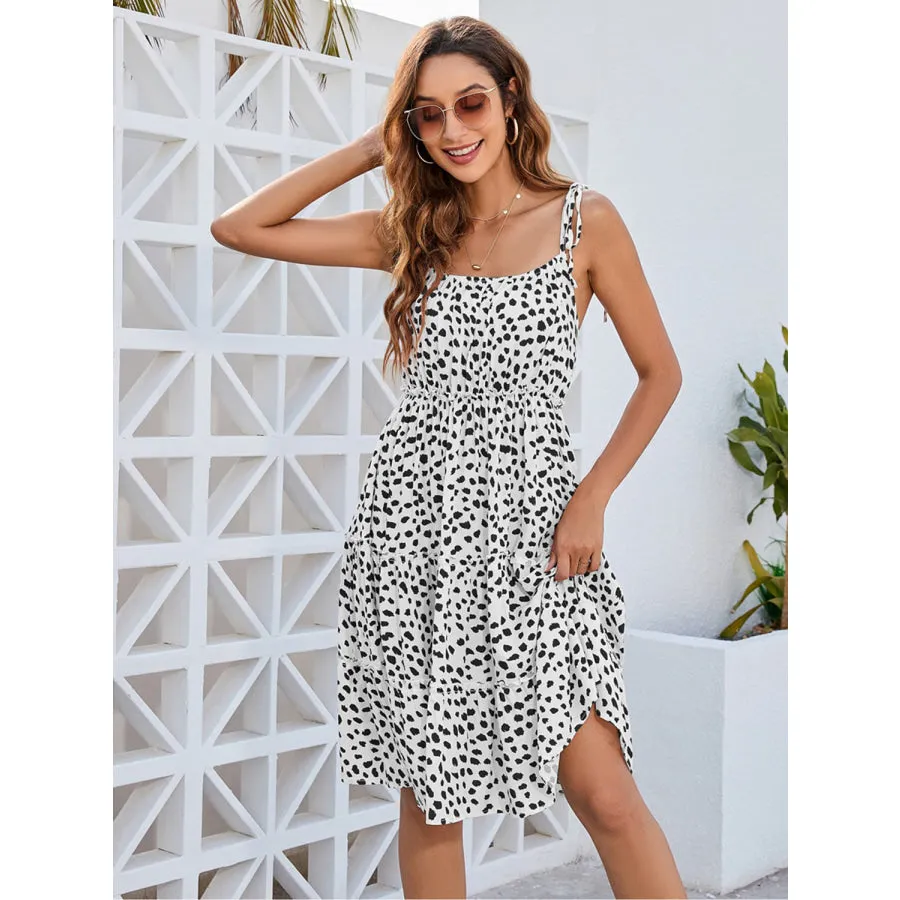 Printed Square Neck Tie Shoulder Dress