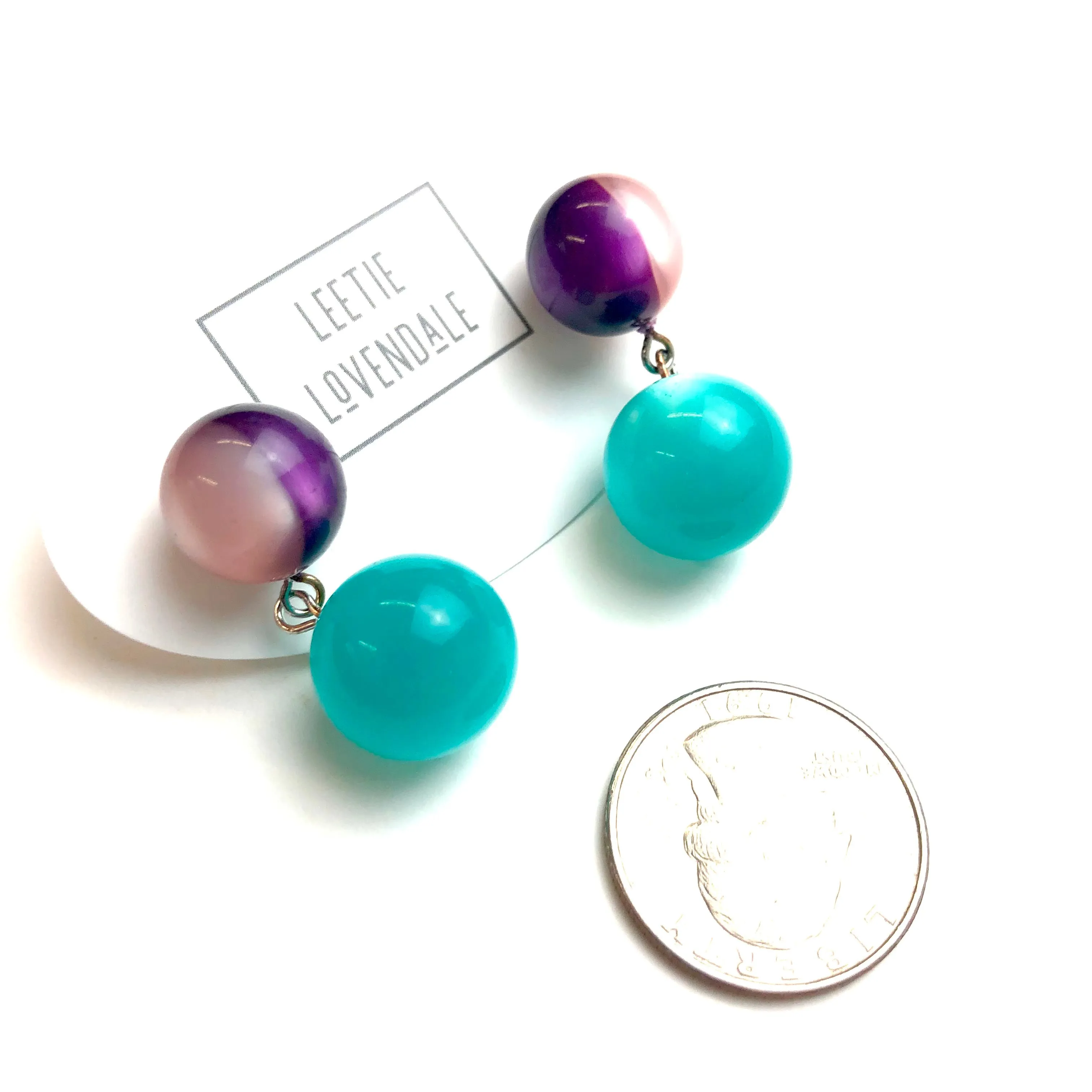 Purple & Pink Harlequin with Teal Moonglow Lollipop Drop Earrings