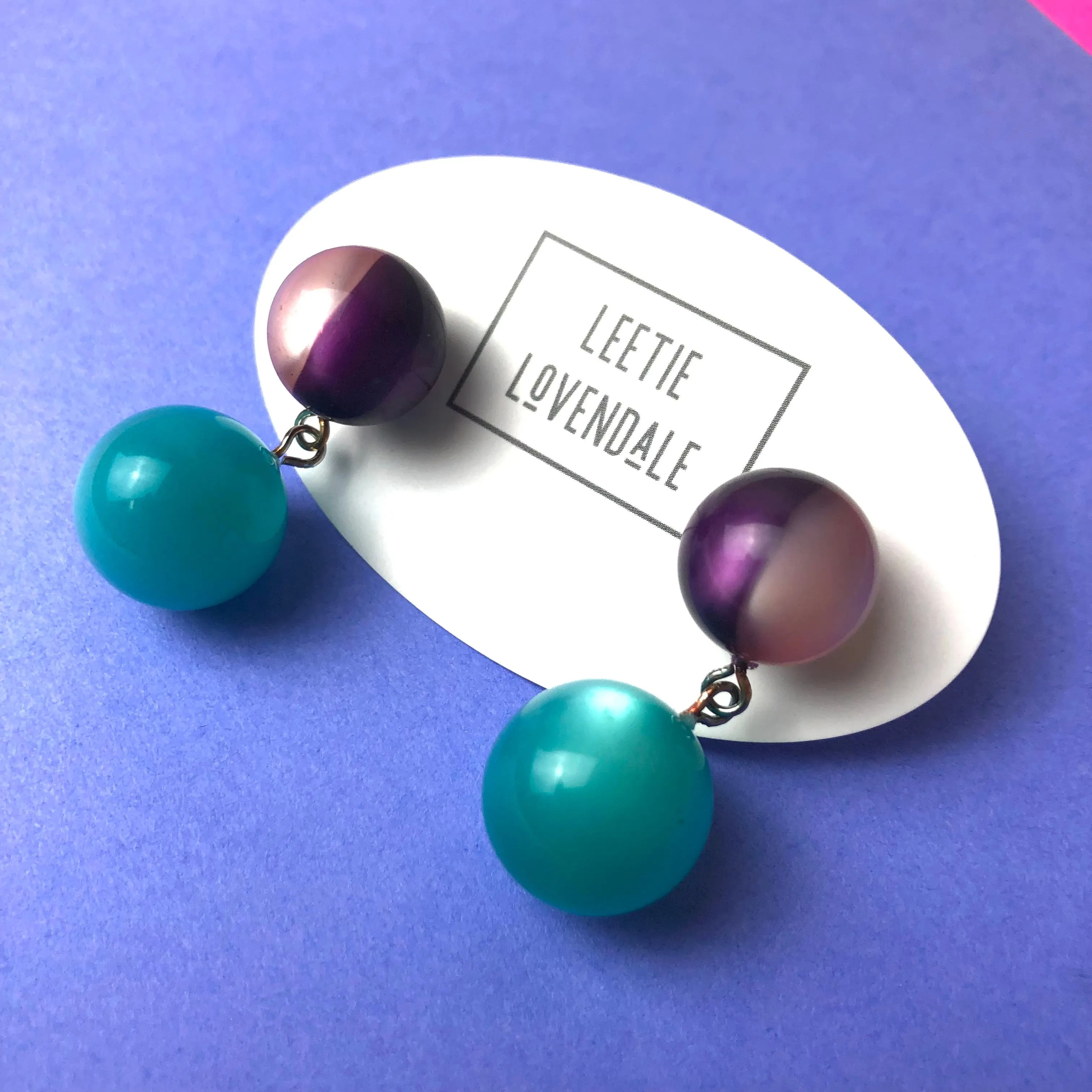 Purple & Pink Harlequin with Teal Moonglow Lollipop Drop Earrings