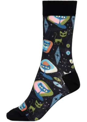 Queen Kerosin Retro Cats Socks Black