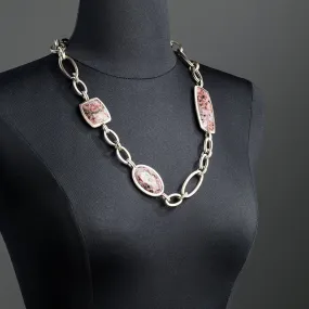 Red Jasper Chain Link Necklace, White Brass