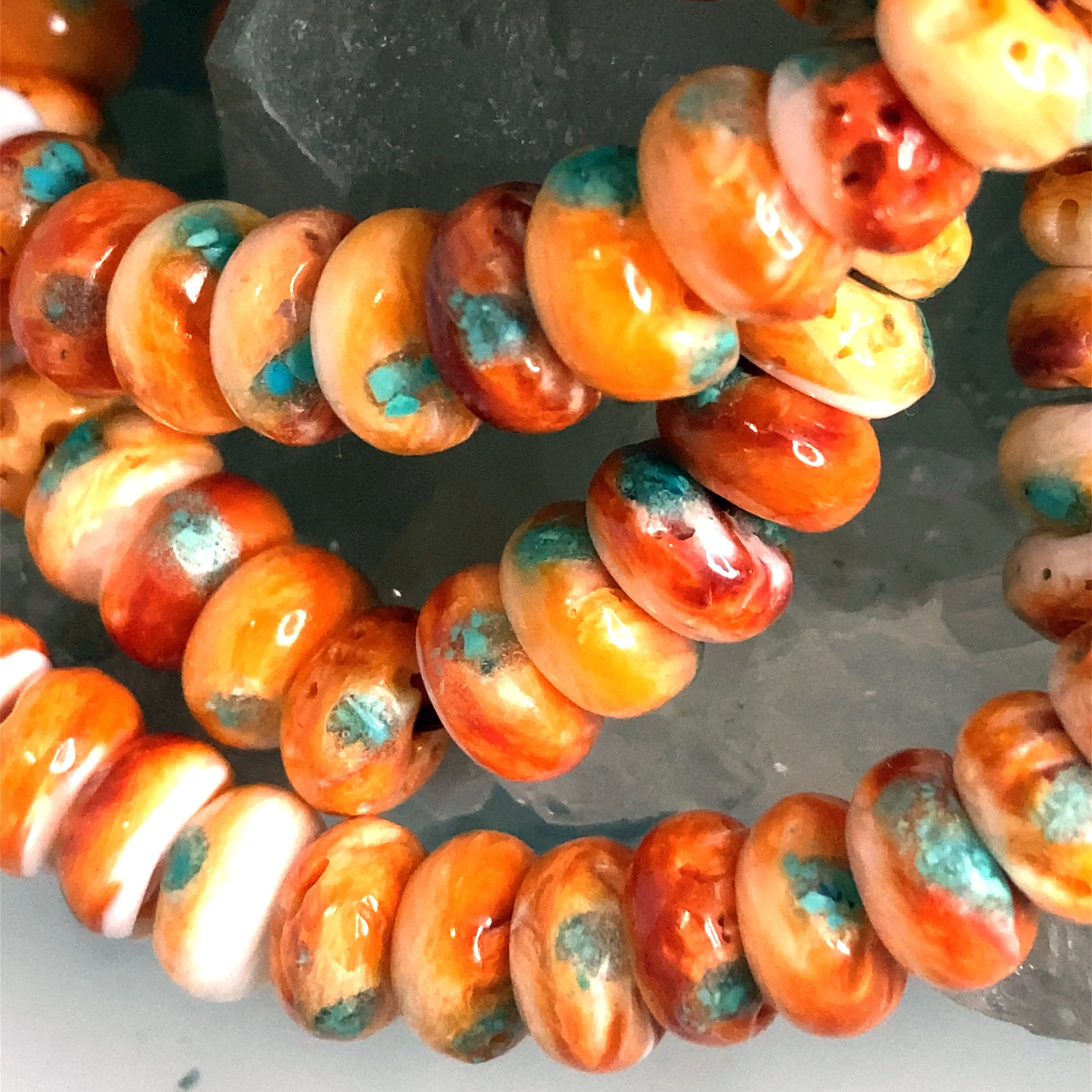 Red Orange Spiny Oyster Beads With Turquoise Inlay 16 Graduated 4-8mm