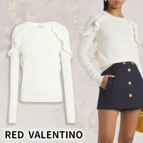 RED VALENTINO  |Crew Neck Long Sleeves Plain Cotton V-neck & Crew neck