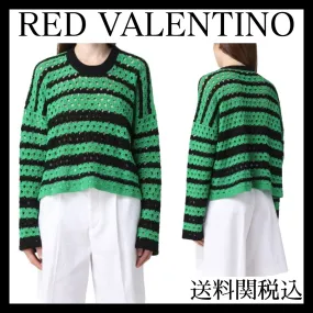 RED VALENTINO  |Stripes Casual Style U-Neck Long Sleeves Office Style