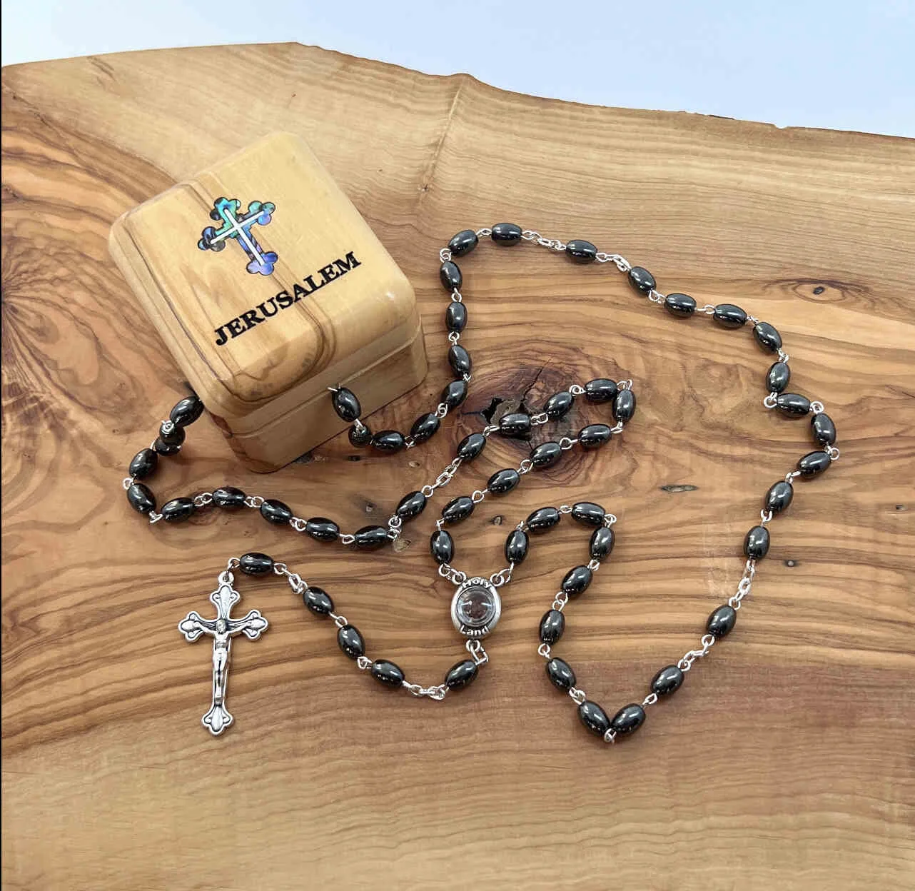 Rosary, Black Oval Stone Beads, 20.9, Metal Chain, Bethlehem Handmade