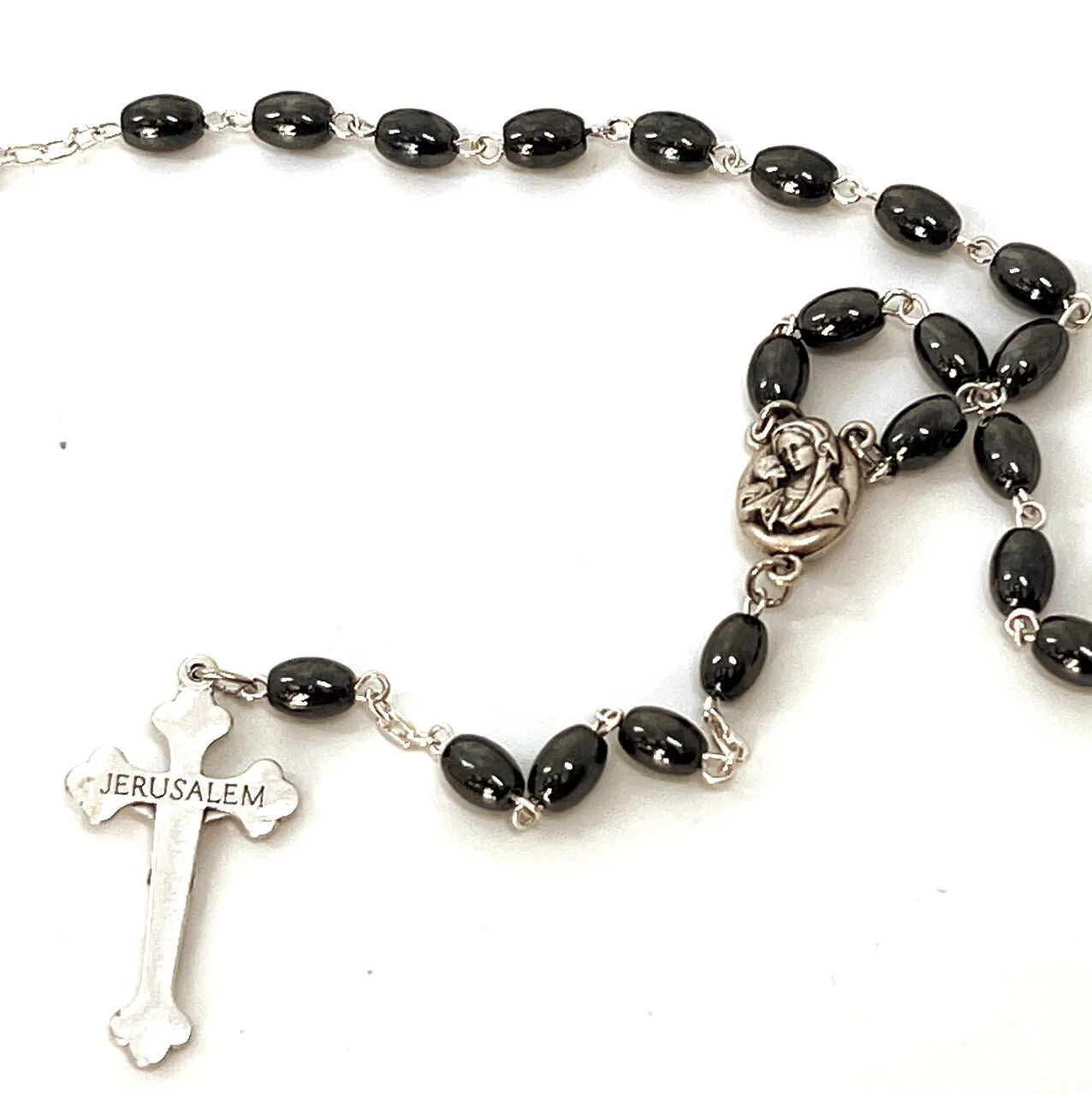 Rosary, Black Oval Stone Beads, 20.9, Metal Chain, Bethlehem Handmade