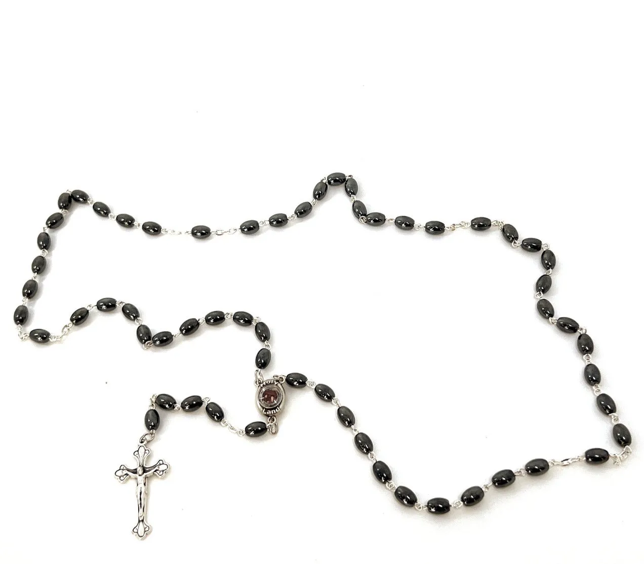 Rosary, Black Oval Stone Beads, 20.9, Metal Chain, Bethlehem Handmade