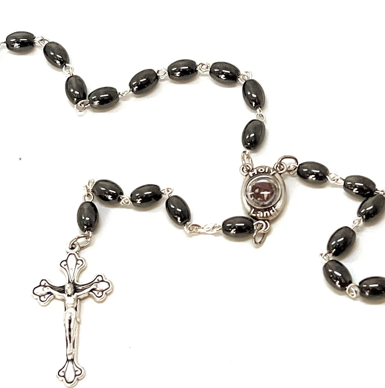 Rosary, Black Oval Stone Beads, 20.9, Metal Chain, Bethlehem Handmade