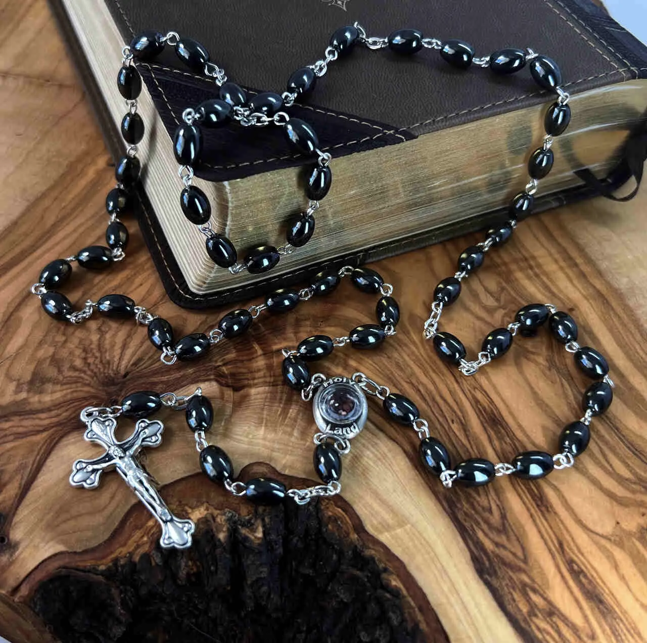 Rosary, Black Oval Stone Beads, 20.9, Metal Chain, Bethlehem Handmade