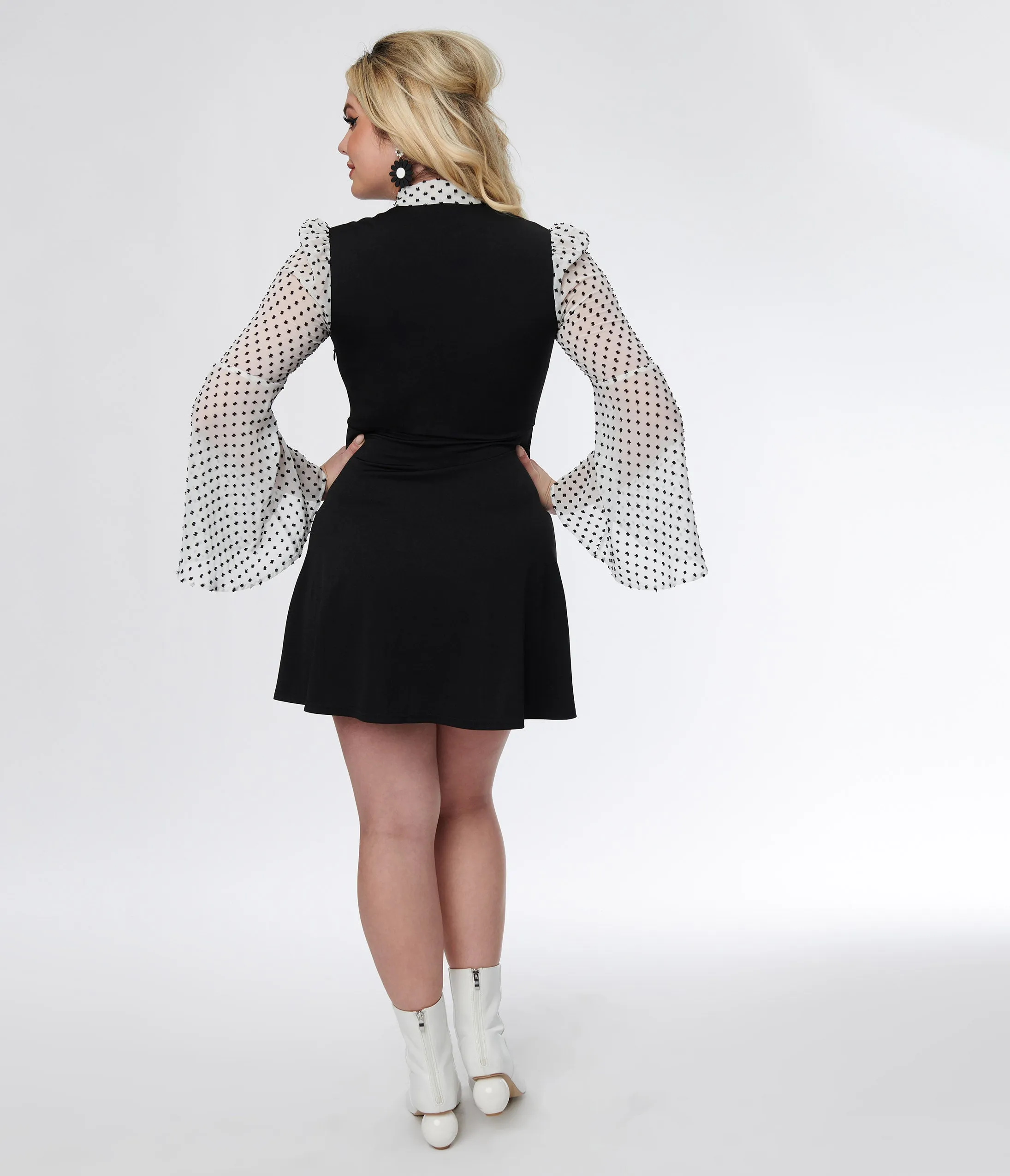 Smak Parlour Black & White Polka Dot Bell Sleeve Flare Dress