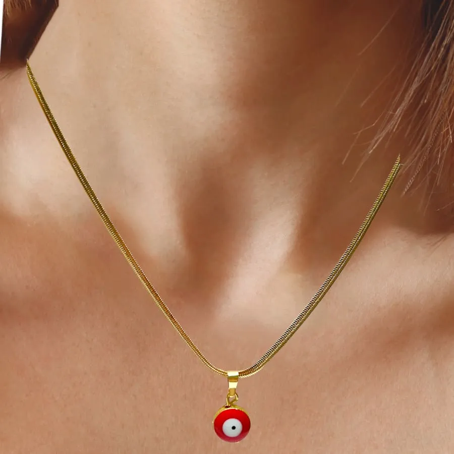 Snake chain red evil eye charm - necklace 18kts gold plated