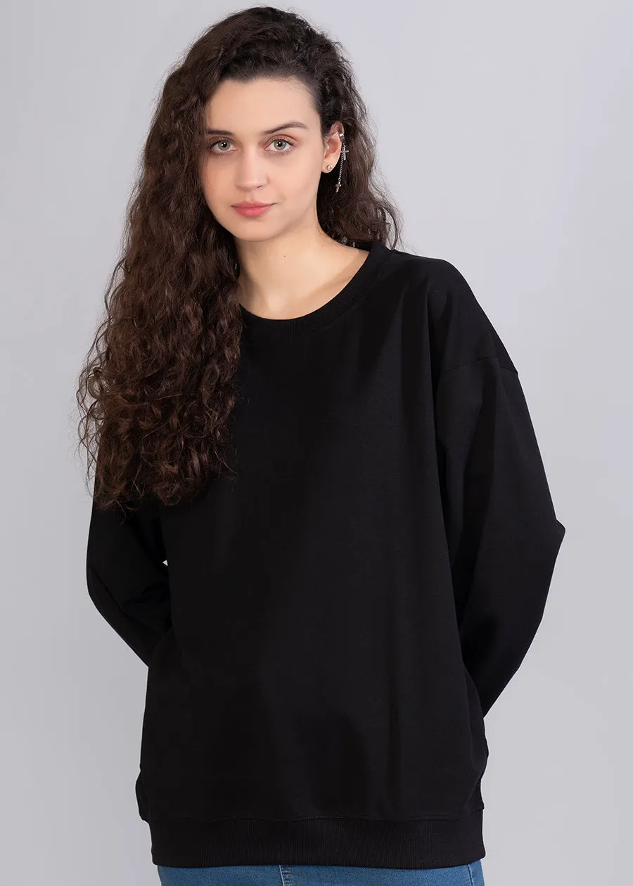 Solid Black Women Drop Shoulder Sweatshirt | Pronk