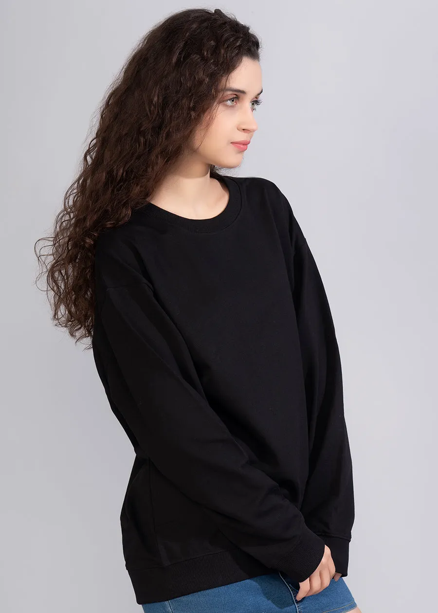 Solid Black Women Drop Shoulder Sweatshirt | Pronk