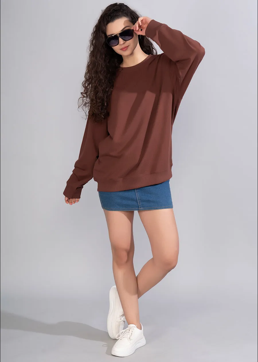 Solid Cocoa Women Drop Shoulder Loose Fit Sweatshirt | Pronk