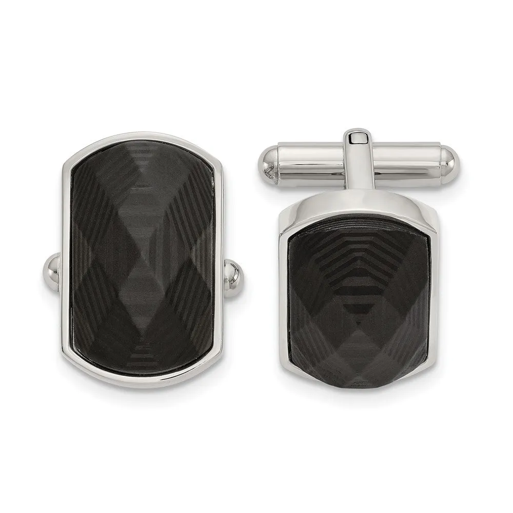 Stainless Steel & Black Carbon Fiber Faceted Cuff Links, 22 x 14mm