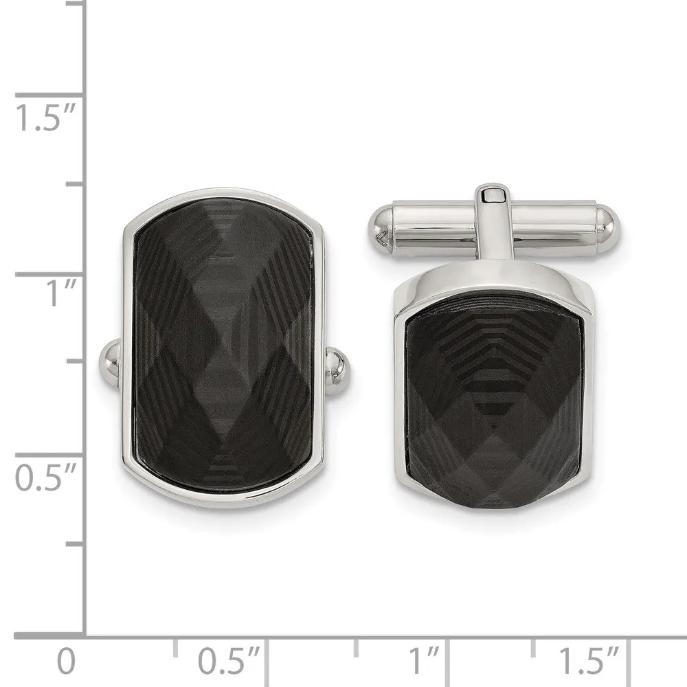 Stainless Steel & Black Carbon Fiber Faceted Cuff Links, 22 x 14mm