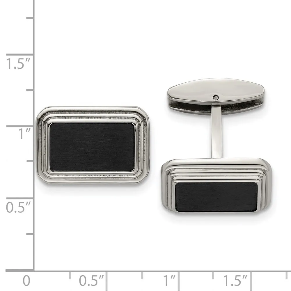 Stainless Steel & Black Plated Step Edge Rectangle Cuff Links, 20x12mm