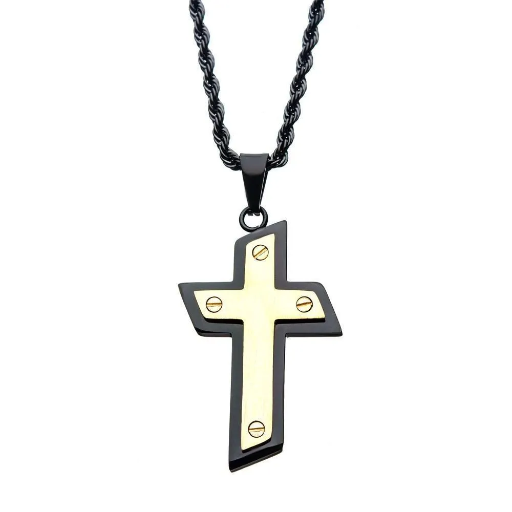 Stainless Steel Black and Gold Ion Plated Cross Pendant with Chain