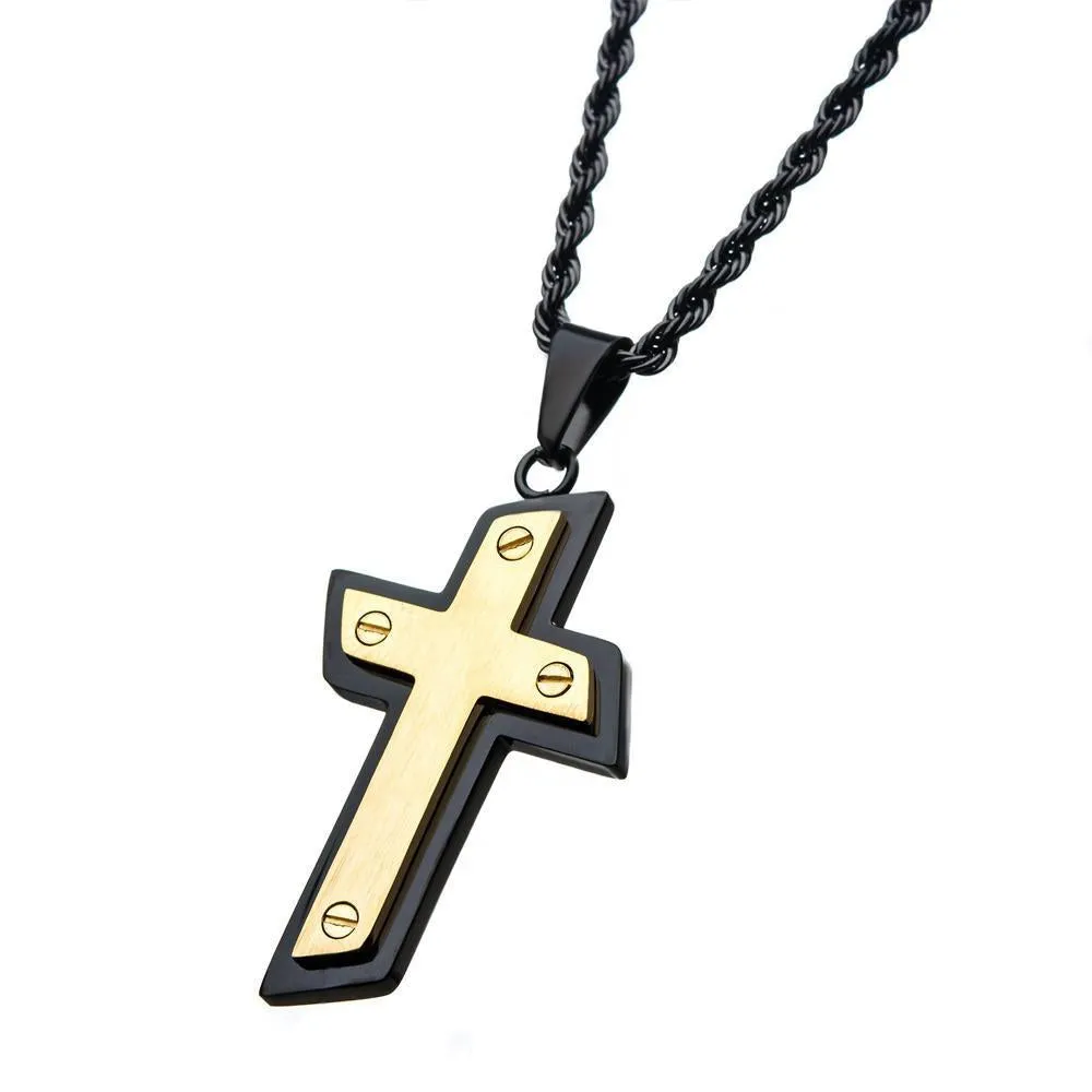 Stainless Steel Black and Gold Ion Plated Cross Pendant with Chain