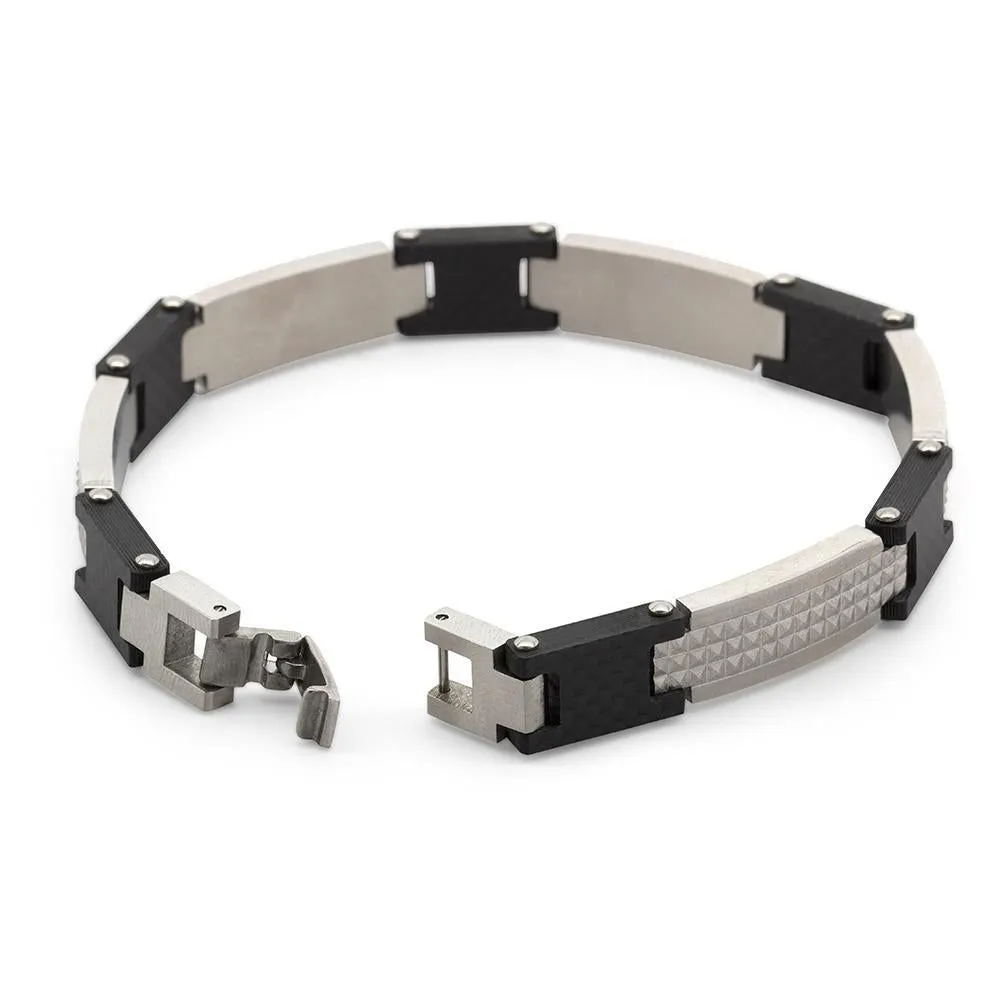 Stainless Steel Black Ion Plated and Steel Solid Carbon Fiber Link Bracelet