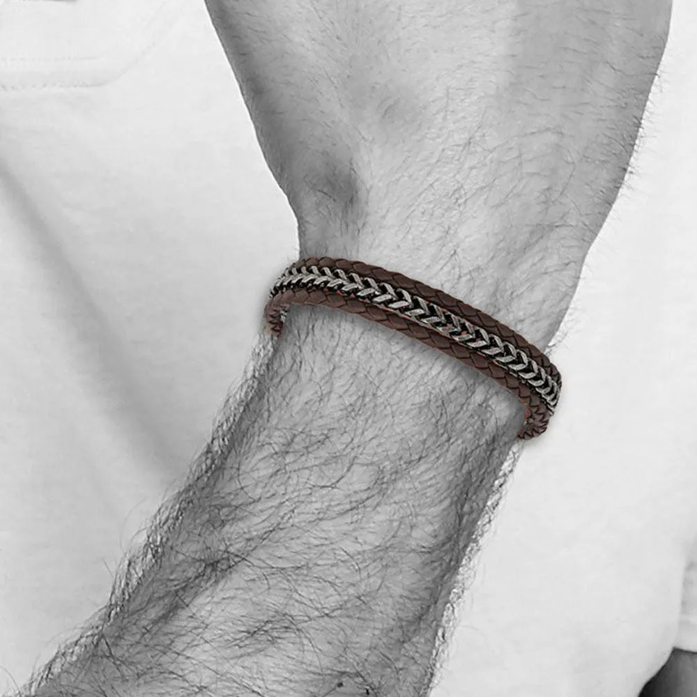 Stainless Steel Black or Brown Leather Strand Bracelet, 7.75-8.25 Inch