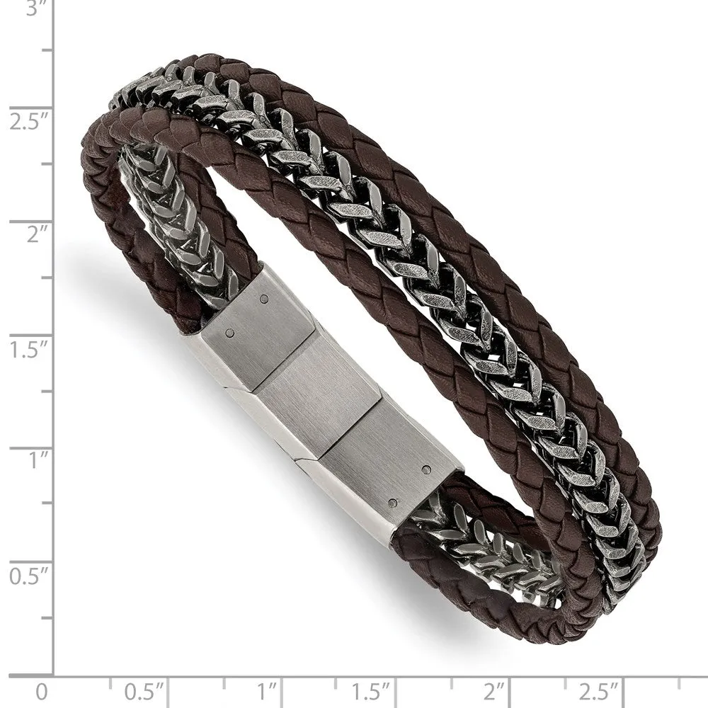 Stainless Steel Black or Brown Leather Strand Bracelet, 7.75-8.25 Inch