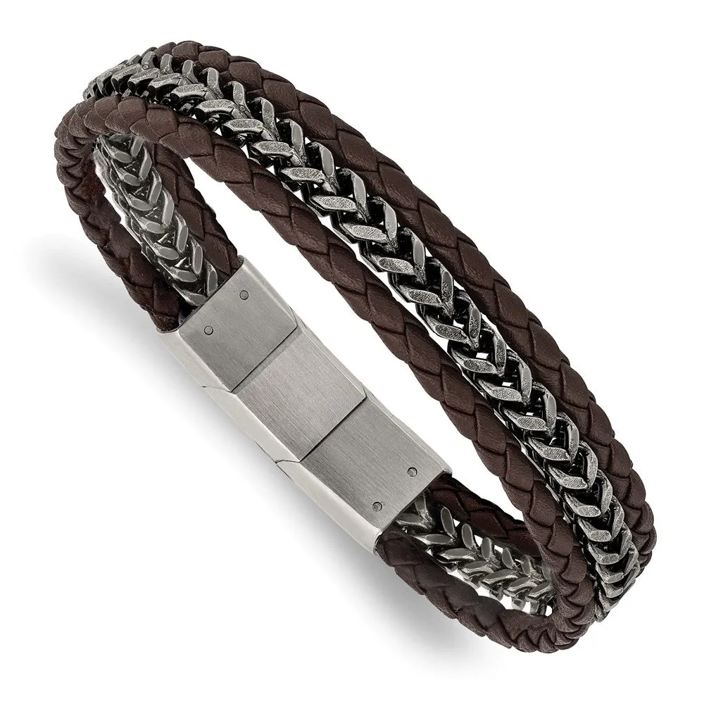 Stainless Steel Black or Brown Leather Strand Bracelet, 7.75-8.25 Inch