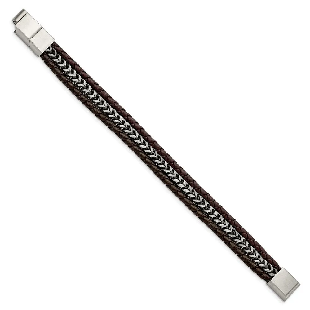 Stainless Steel Black or Brown Leather Strand Bracelet, 7.75-8.25 Inch