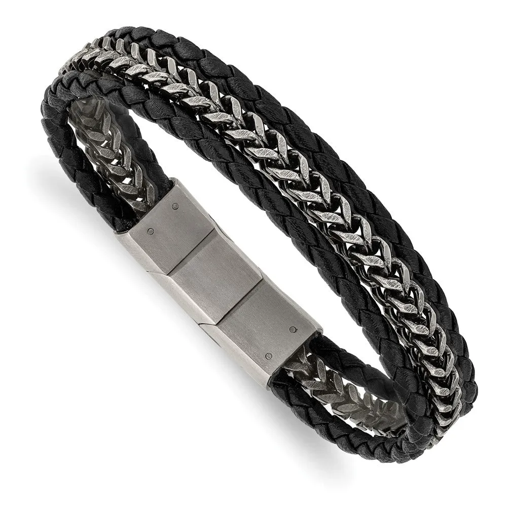 Stainless Steel Black or Brown Leather Strand Bracelet, 7.75-8.25 Inch