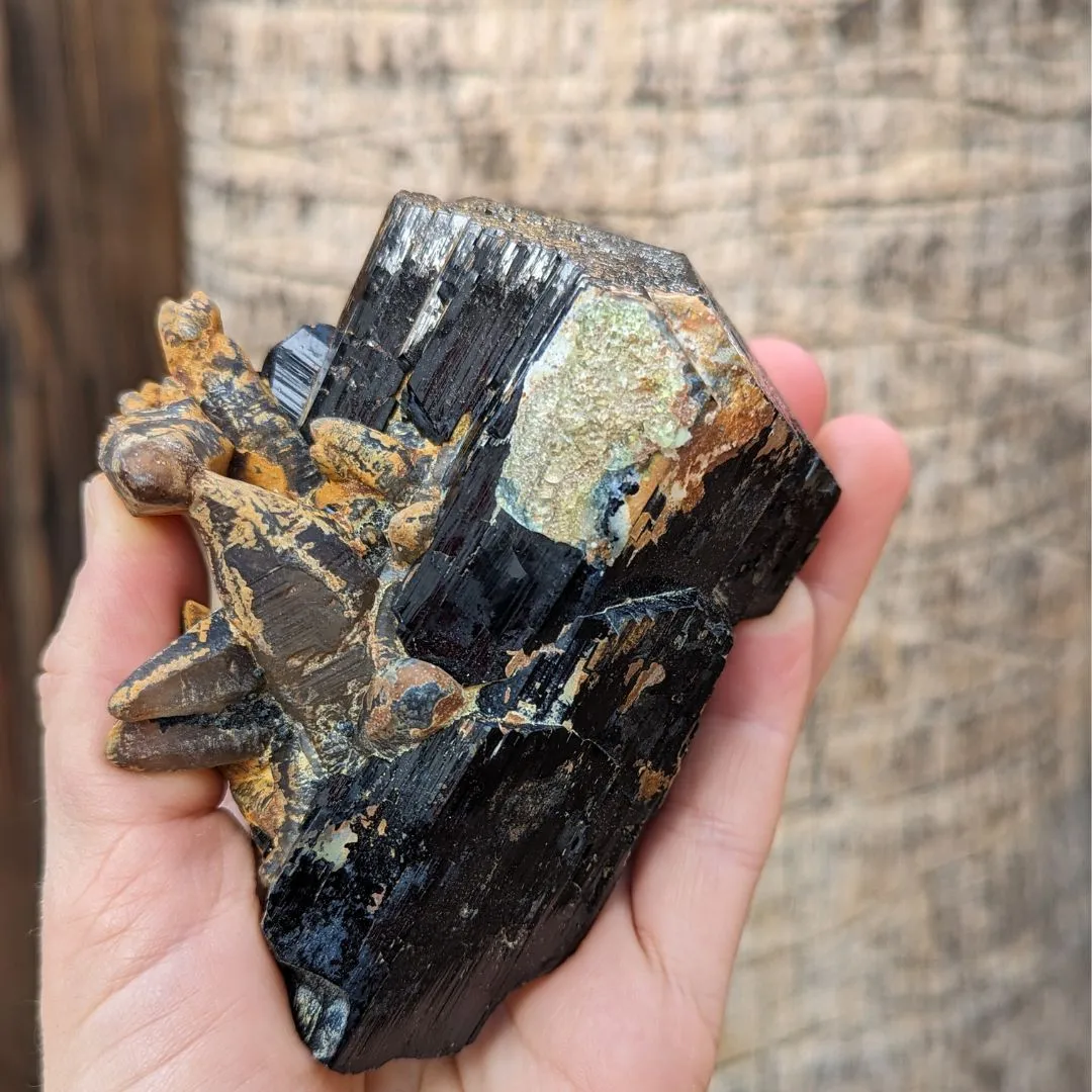 TERMINATED LUSTROUS BLACK TOURMALINE CRYSTAL WITH HYALITE OPAL, FERRUGINOUS QUARTZ, FROM ERONGO MOUNTAIN, ERONGO REGION, NAMIBIA