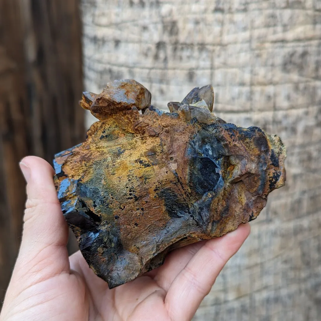 TERMINATED LUSTROUS BLACK TOURMALINE CRYSTAL WITH HYALITE OPAL, FERRUGINOUS QUARTZ, FROM ERONGO MOUNTAIN, ERONGO REGION, NAMIBIA