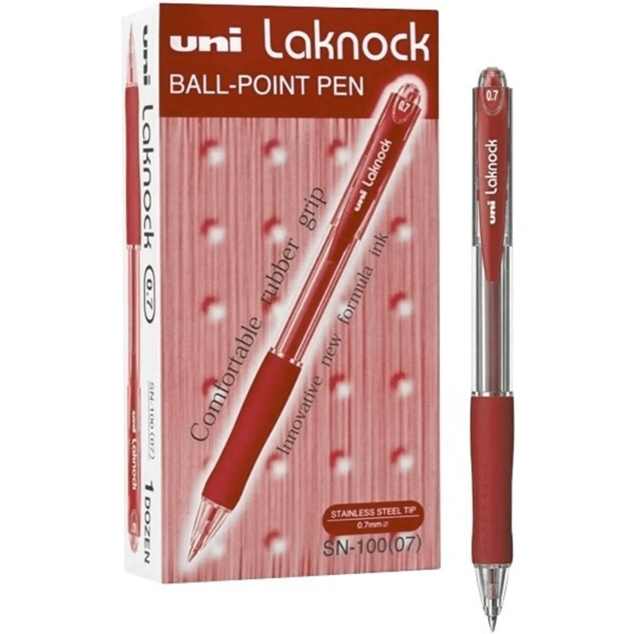 Uni-Ball SN-100 Laknock Retractable Ballpoint Pen Fine 0.7mm Red Box 12