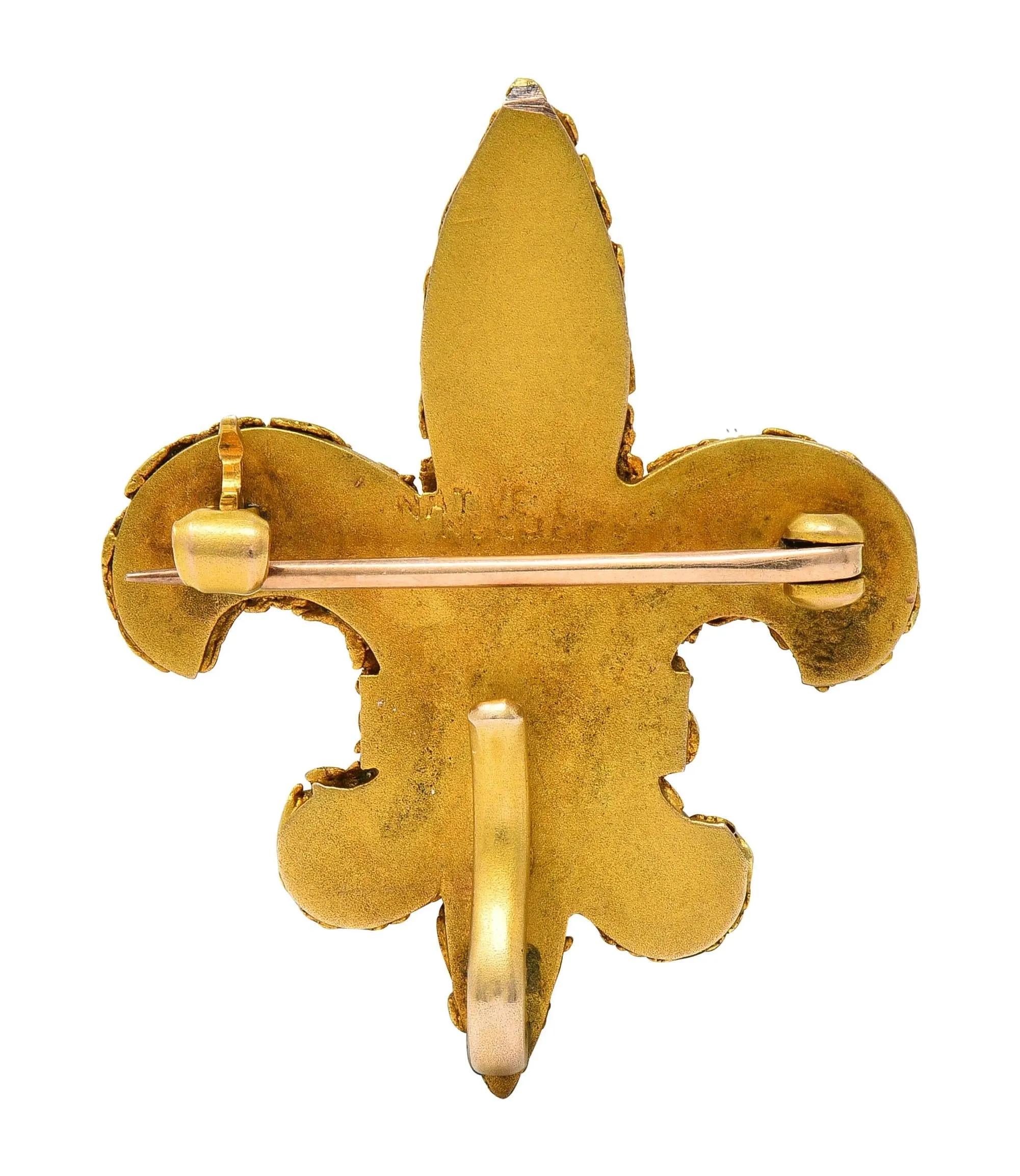 Victorian Petrified Fossil 24 Karat Yellow Gold Nugget Antique Fleur-De-Lis Brooch