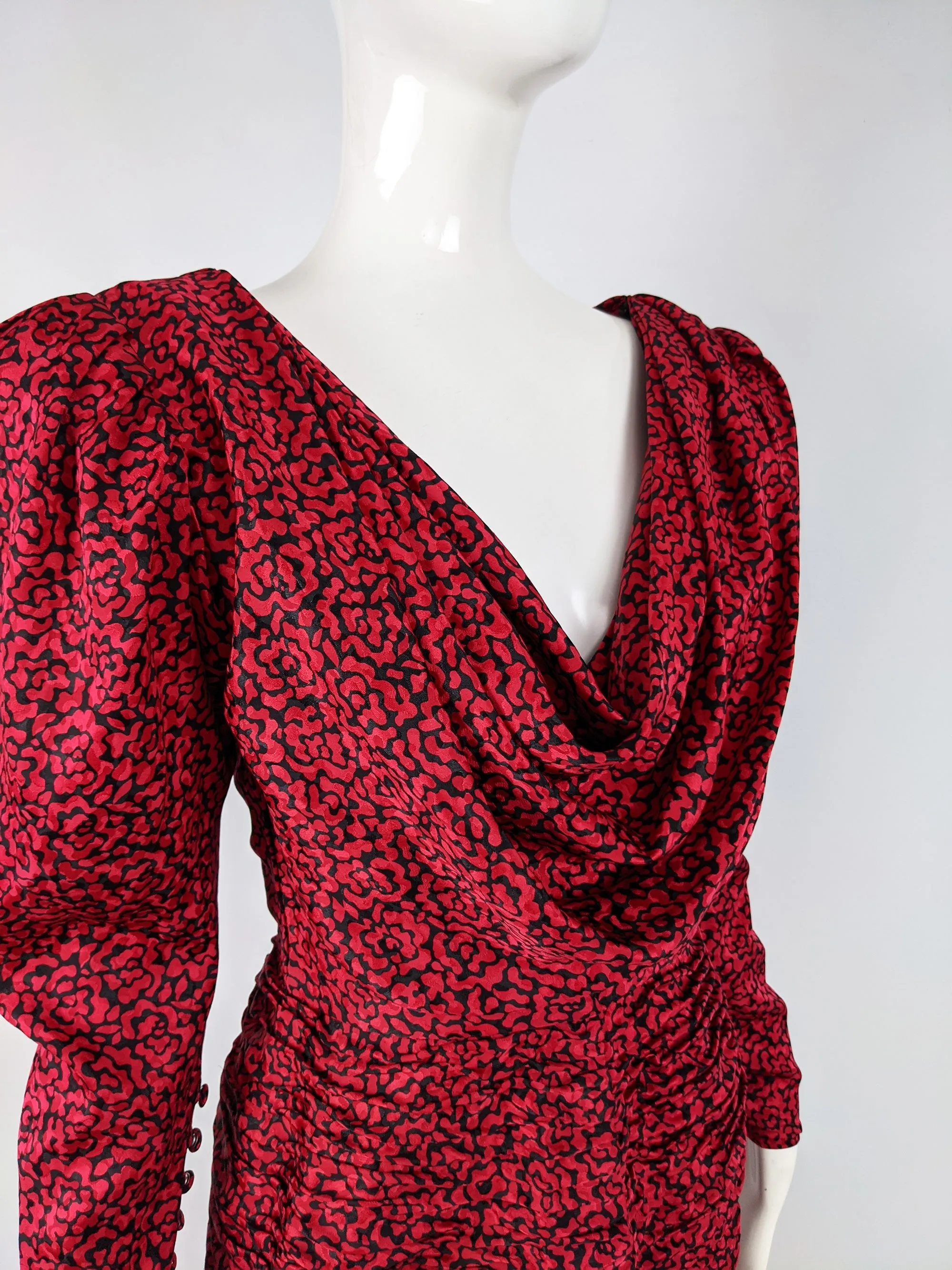 Vintage Red & Black Silk Shoulder Padded Party Dress, 1980s