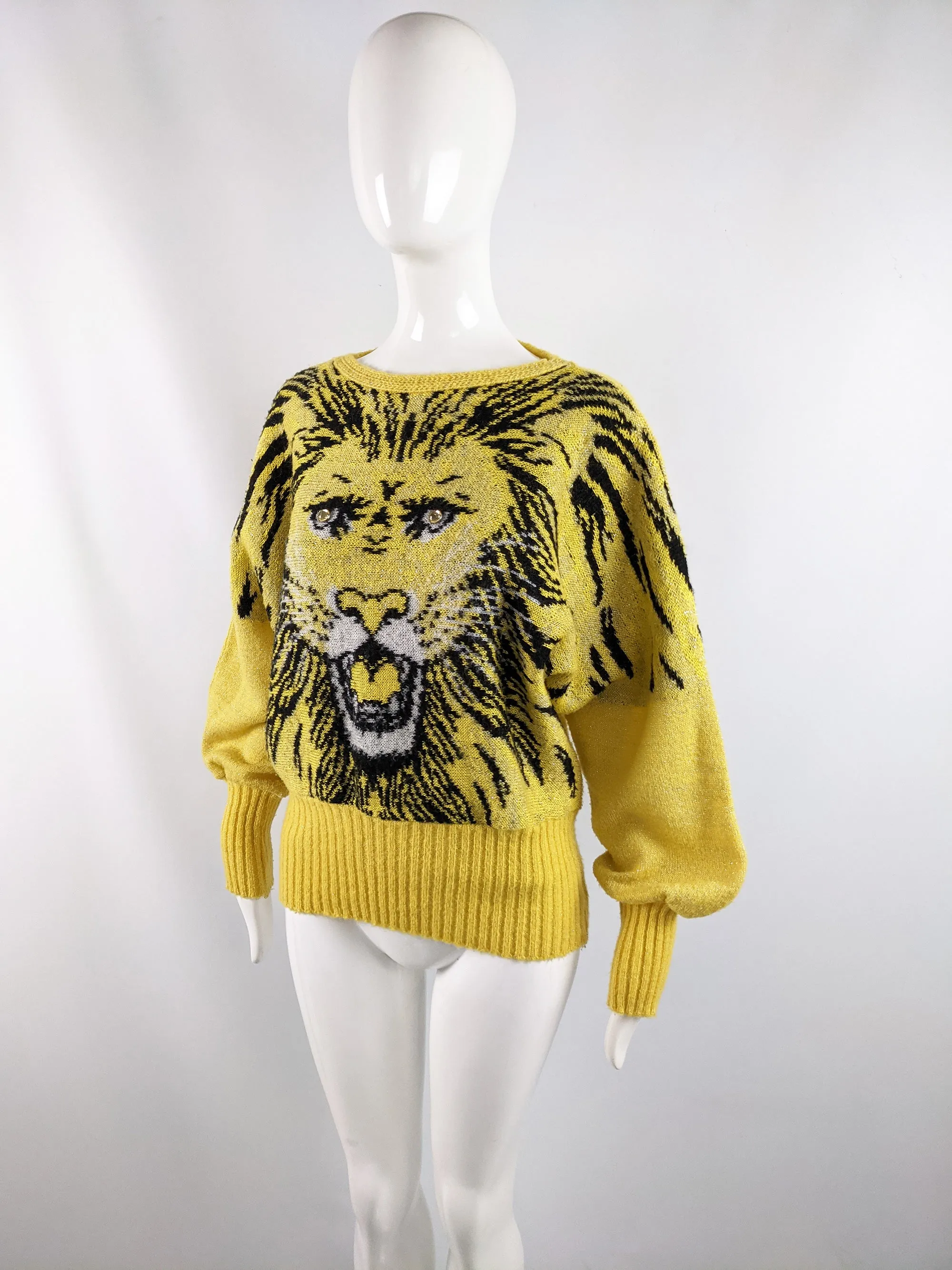 Vintage Yellow Mohair Wool & Acrylic Knit Lion Face Jumper, 1980s