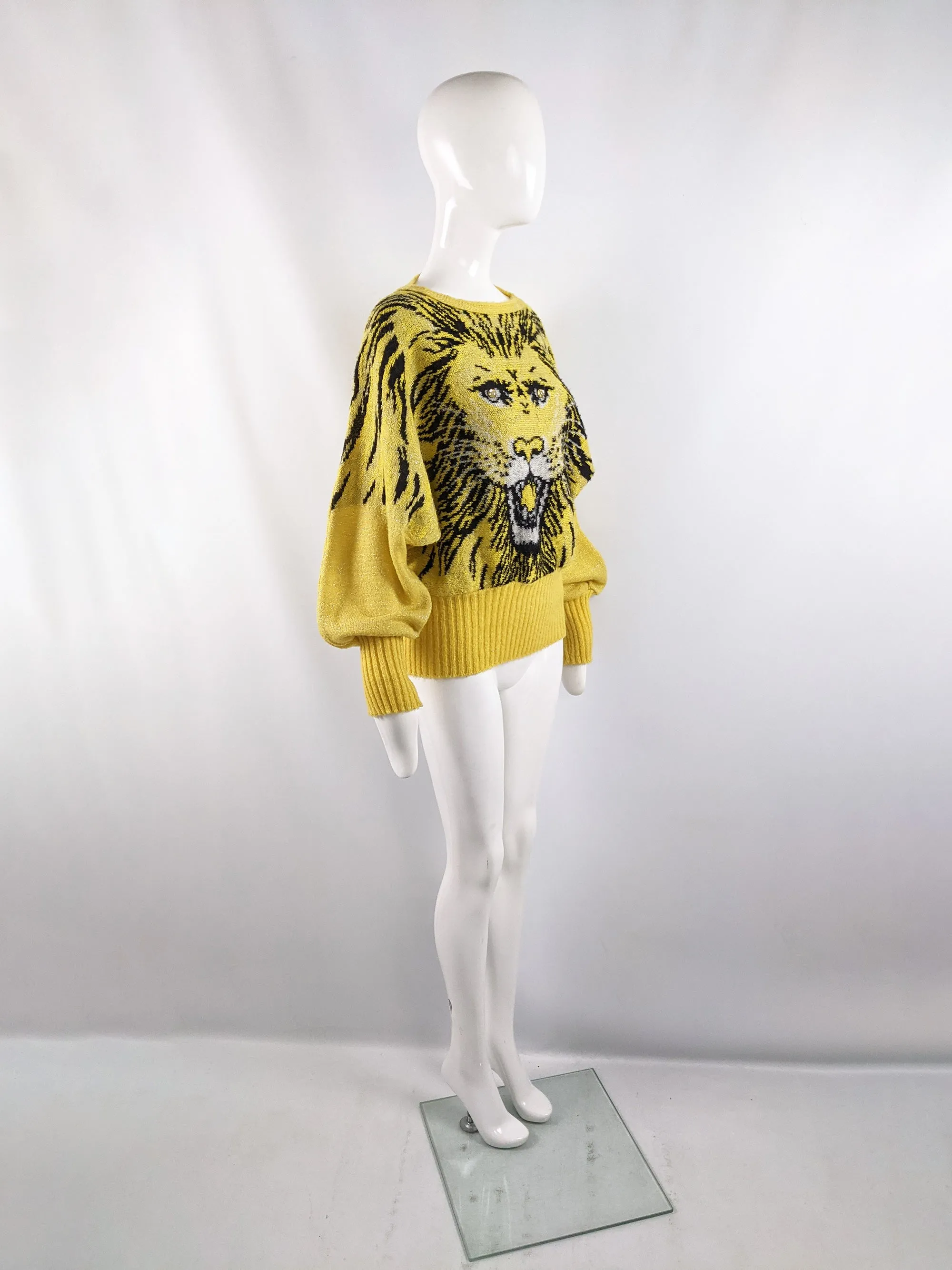 Vintage Yellow Mohair Wool & Acrylic Knit Lion Face Jumper, 1980s