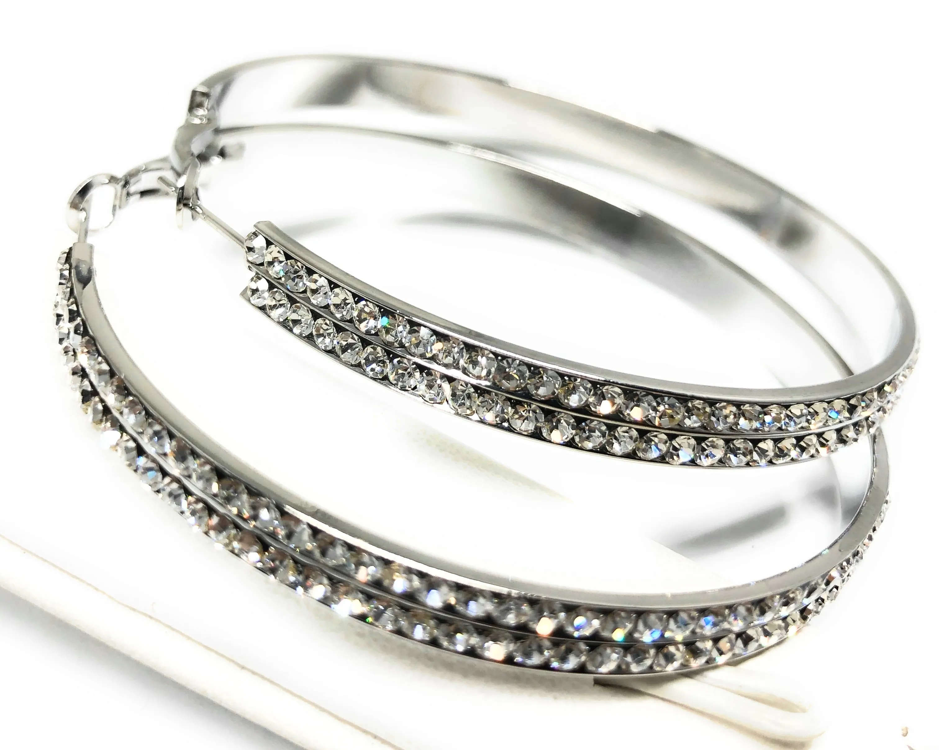 White Gold Plated Double Hoop Earrings CZ Stones Aretes Arracadas