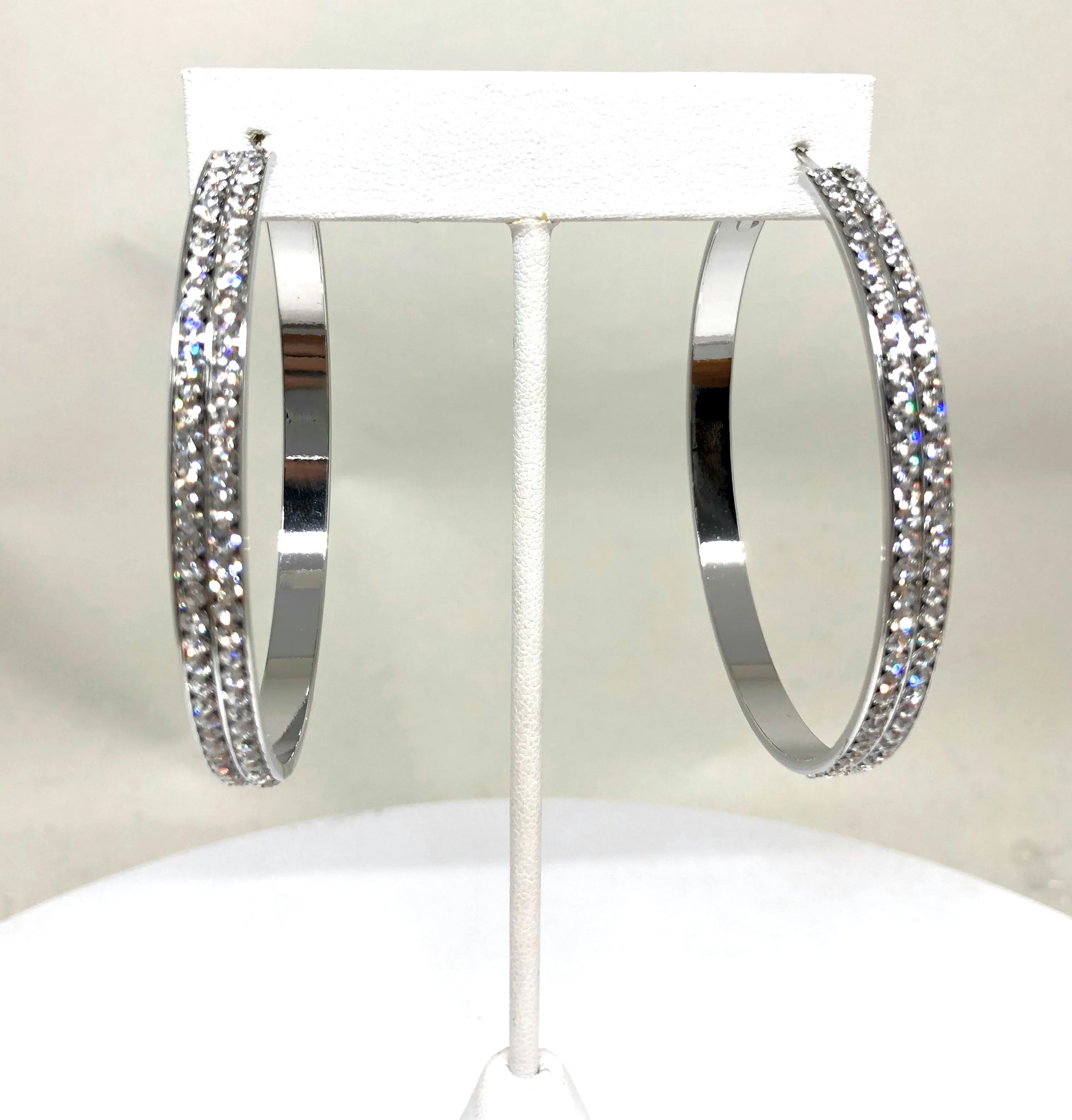 White Gold Plated Double Hoop Earrings CZ Stones Aretes Arracadas