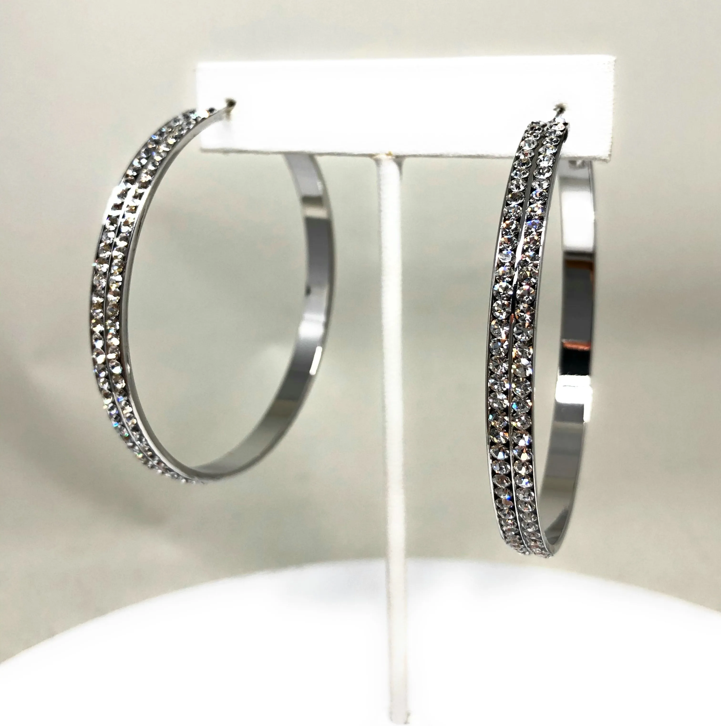 White Gold Plated Double Hoop Earrings CZ Stones Aretes Arracadas