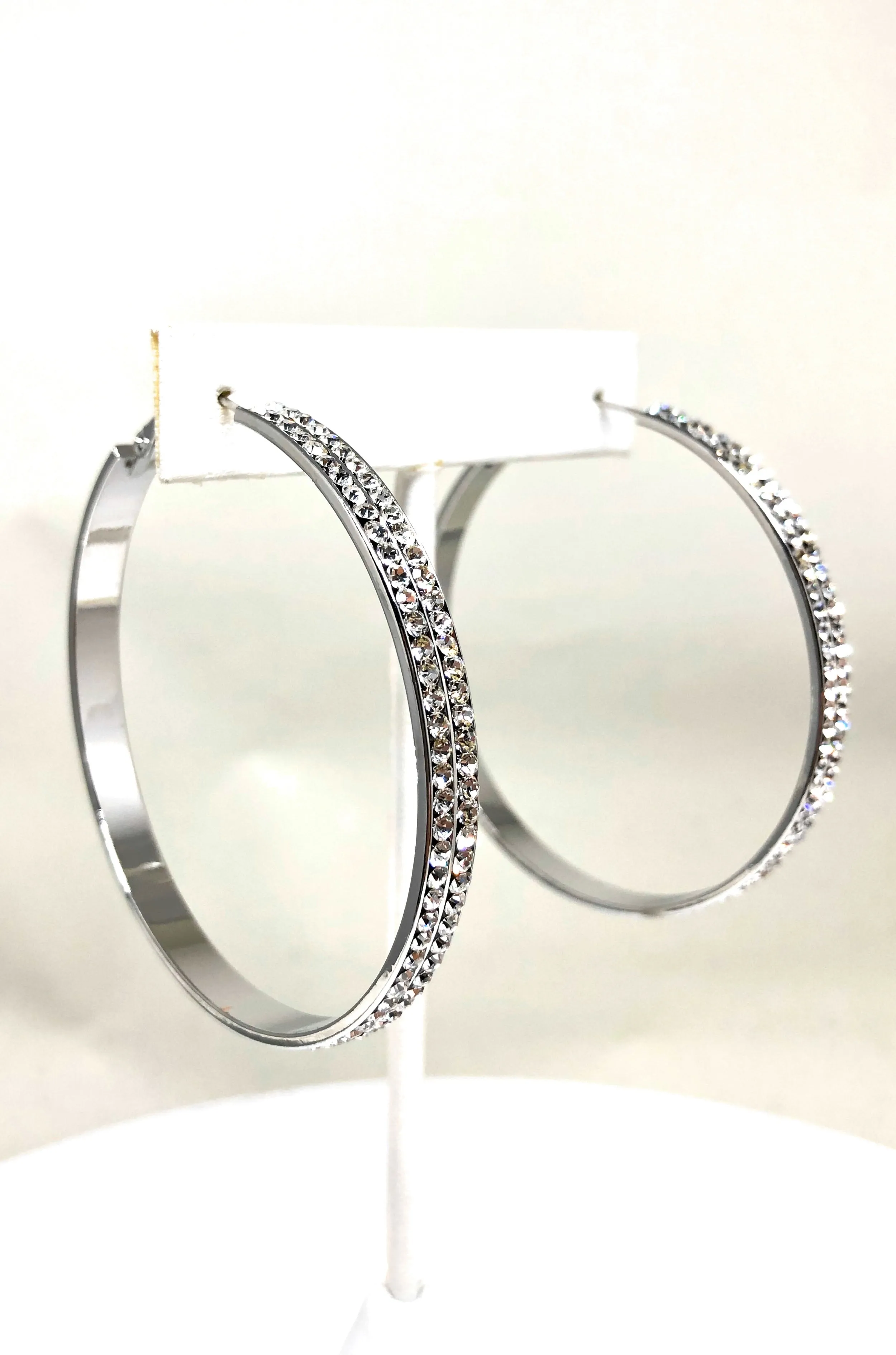 White Gold Plated Double Hoop Earrings CZ Stones Aretes Arracadas