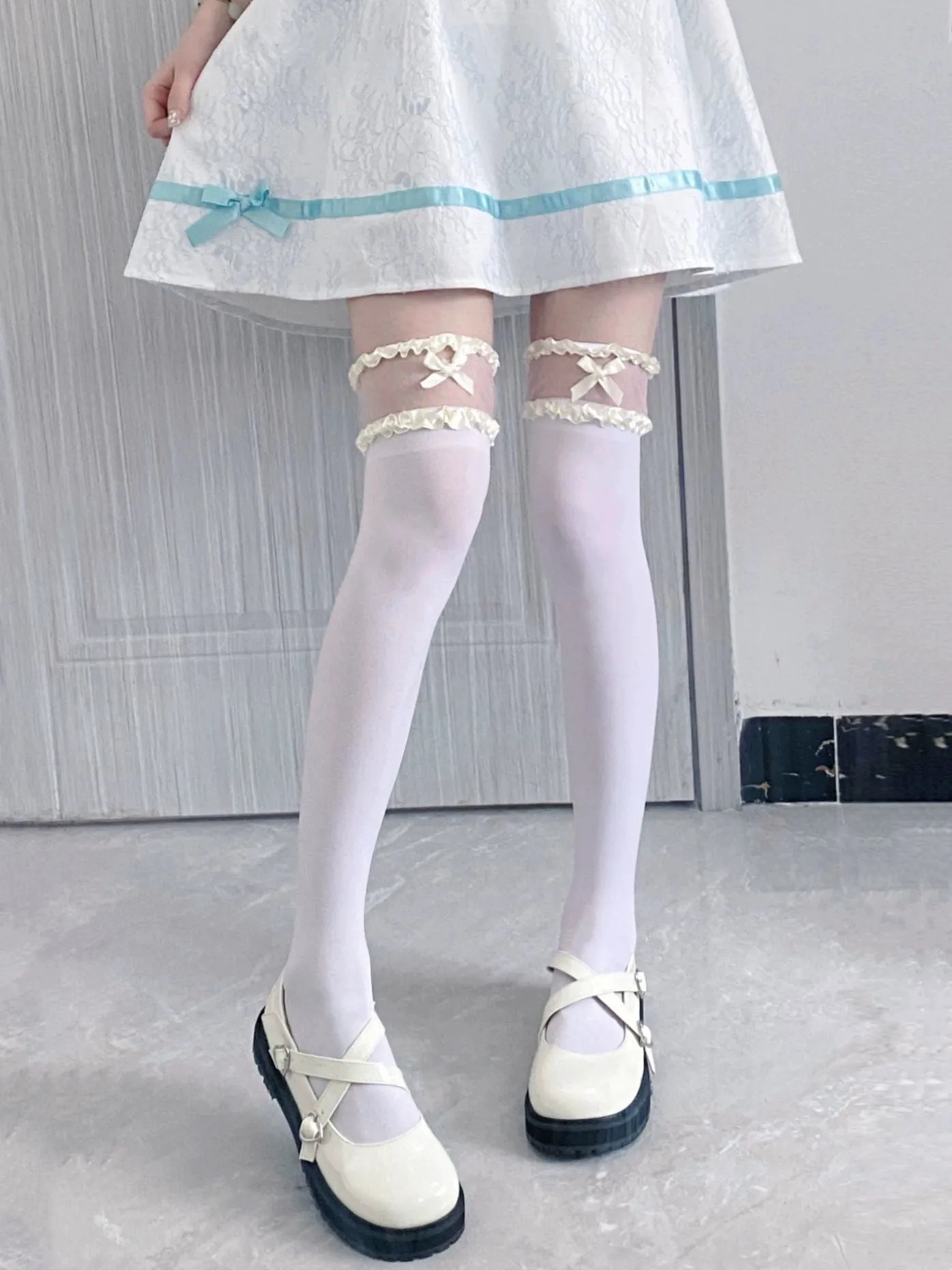 White Ruffled False-Garter Knee Socks