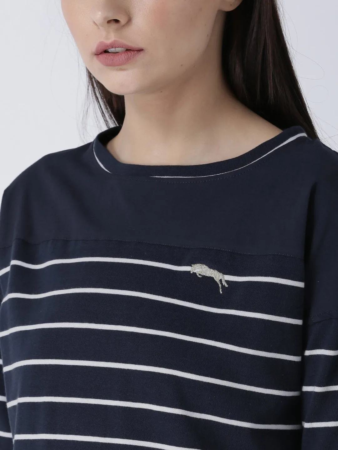 Women Round Neck Navy Blue T-shirt