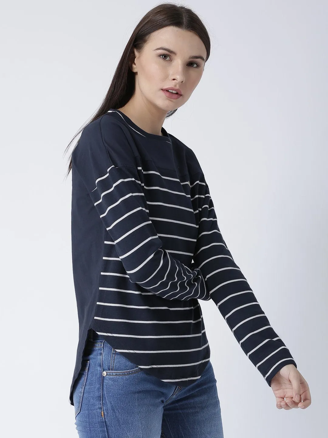 Women Round Neck Navy Blue T-shirt