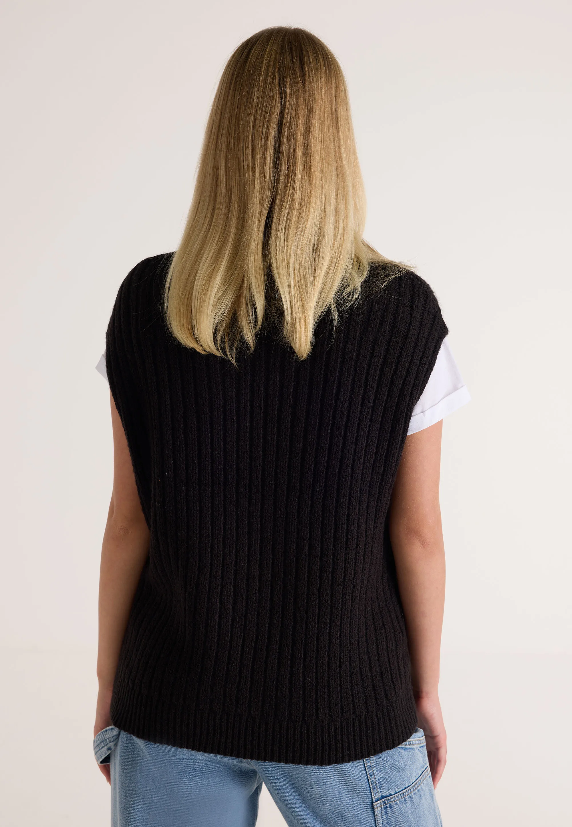 Womens Black Cable Knit Sleeveless Tank Jumper