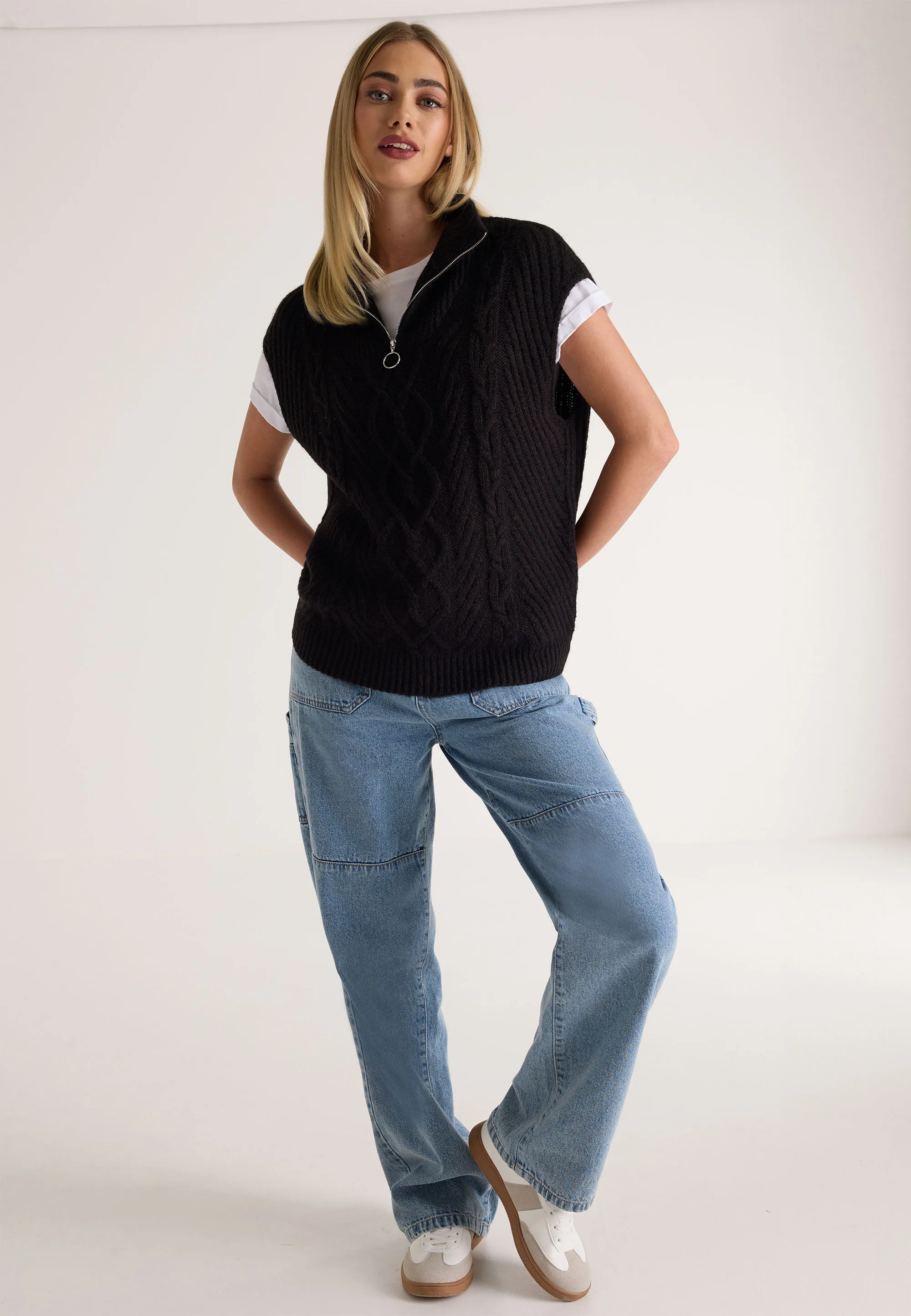 Womens Black Cable Knit Sleeveless Tank Jumper