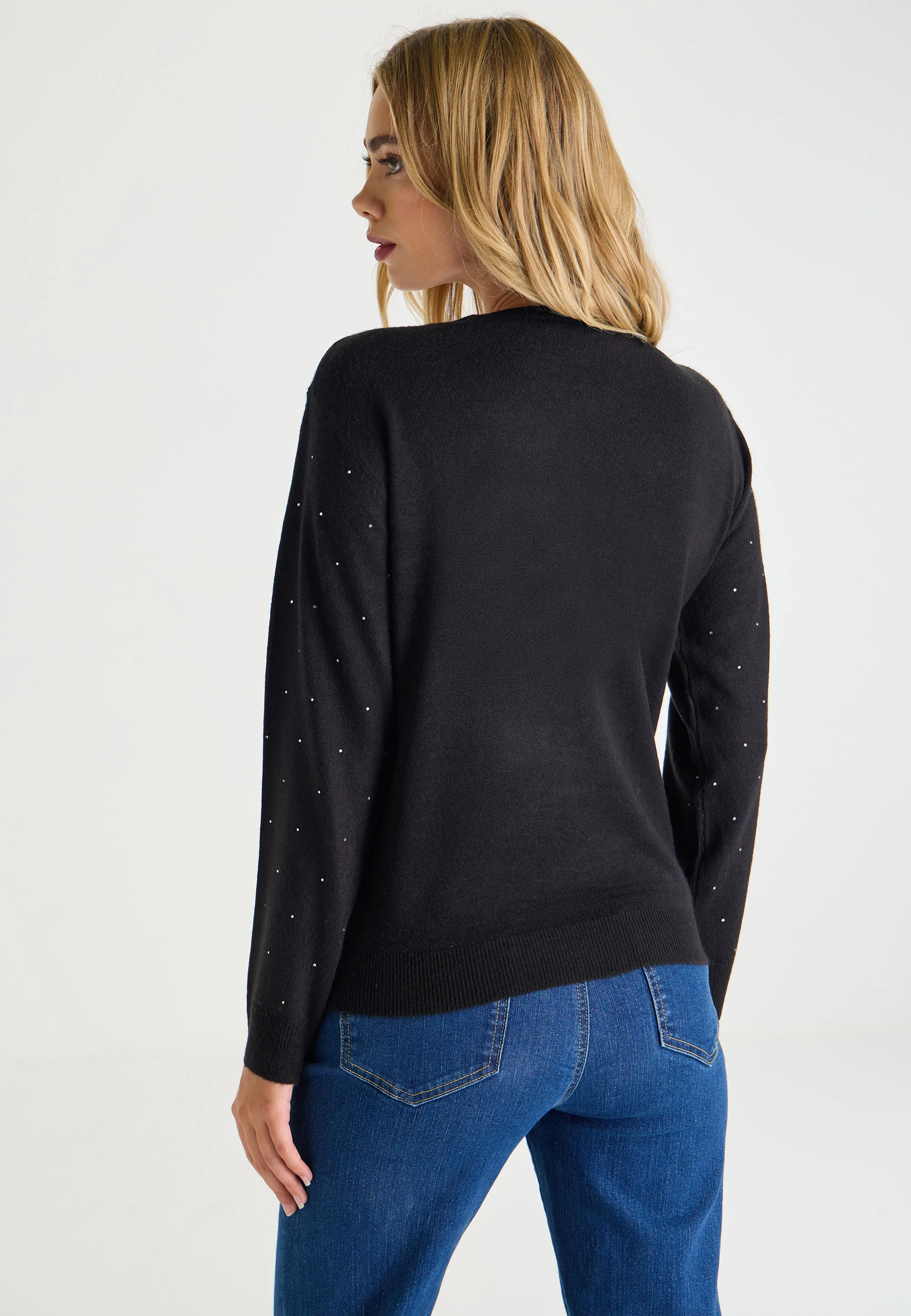 Womens Black Diamante Crew Neck Jumper