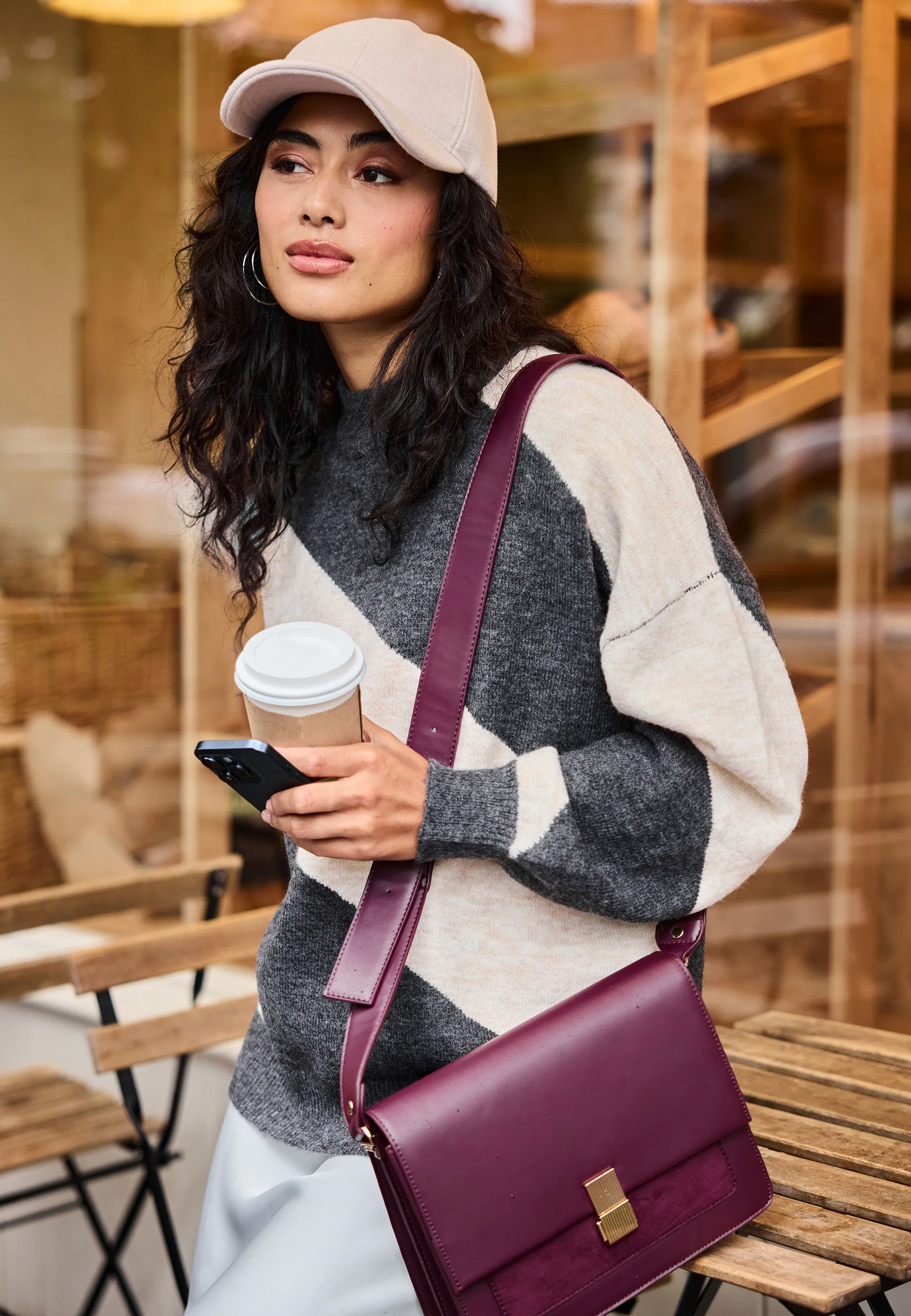 Womens Grey Diagonal Stripe Colour Block Jumper