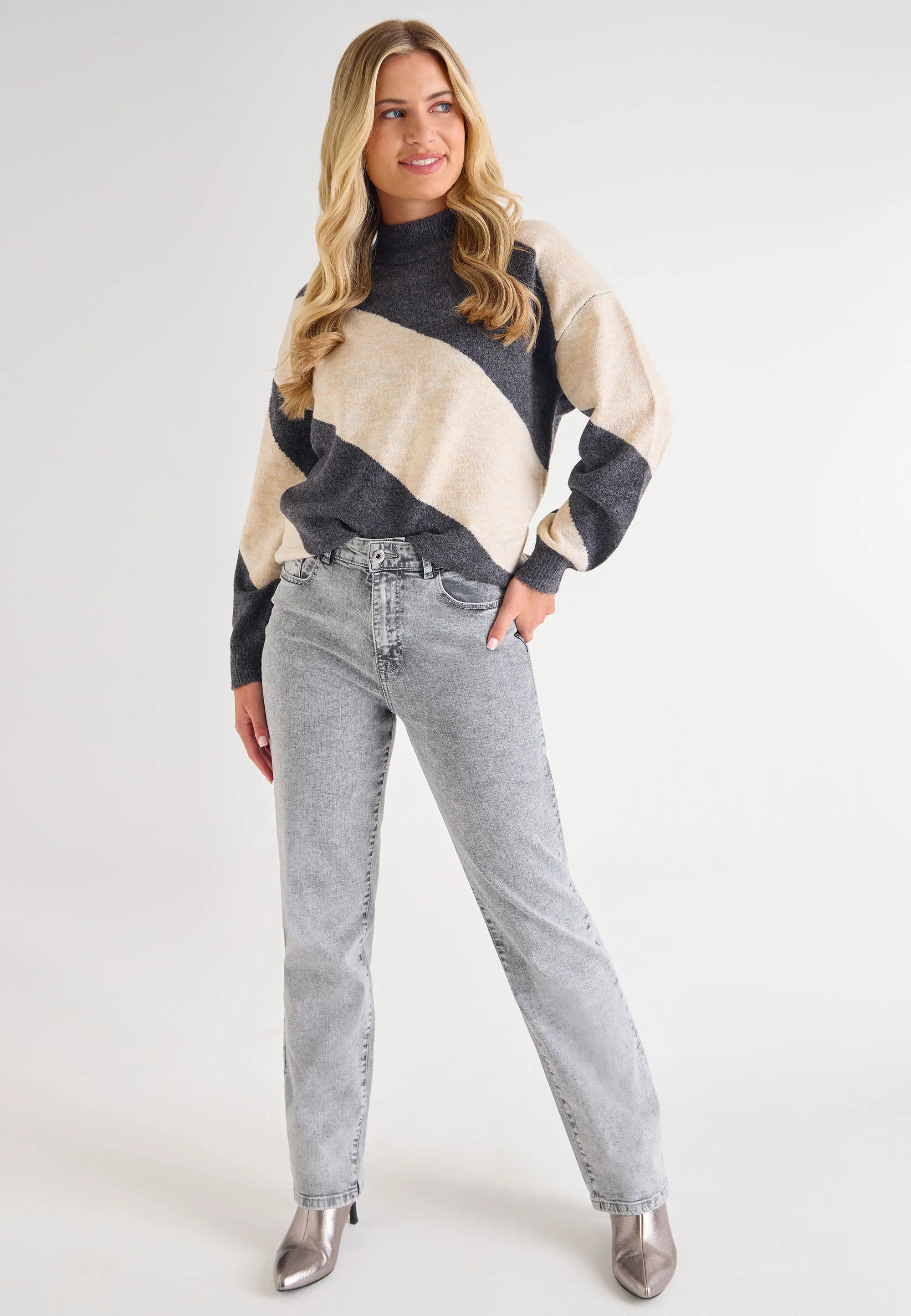 Womens Grey Diagonal Stripe Colour Block Jumper