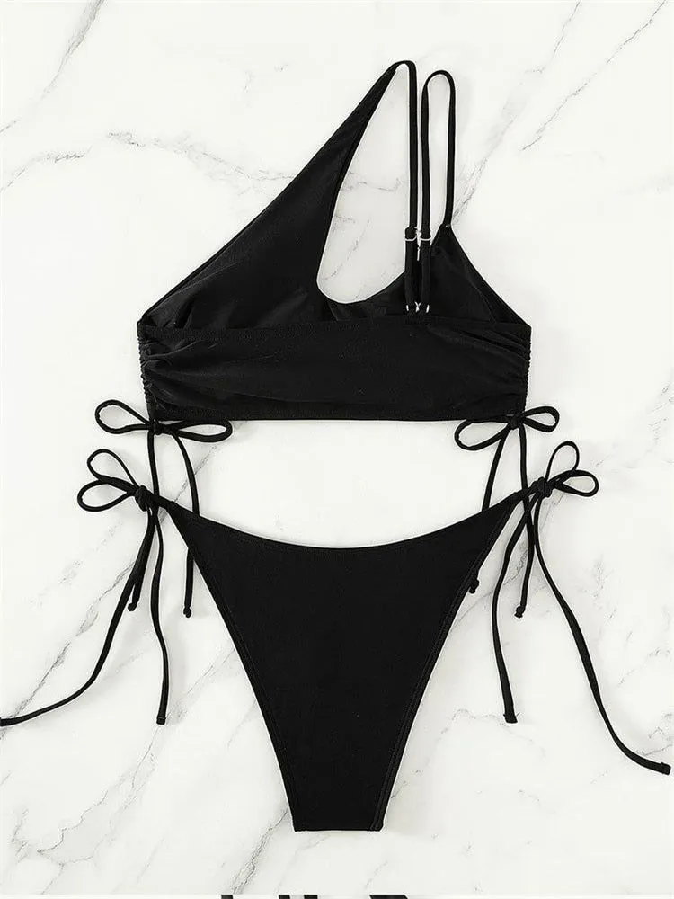 Women's Sexy Solid Black Cut Out Bandage Cross One Shoulder Bikini Set