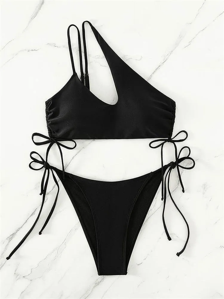 Women's Sexy Solid Black Cut Out Bandage Cross One Shoulder Bikini Set